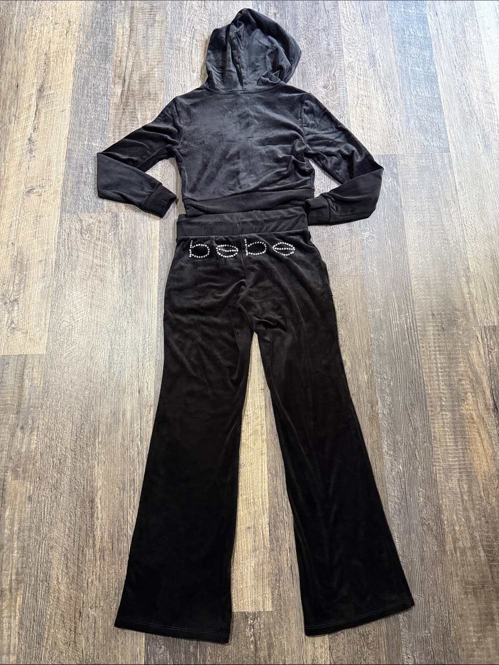 Bebe Black Velour Rhinestone Tracksuit Women’s Size XS Hoodie & Pants - Picture 12 of 12